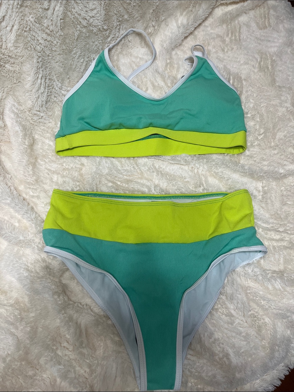 SHEIN Teal and Lime Two-Piece Ribbed Bikini